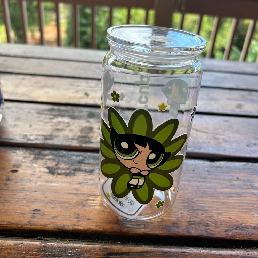 Powerpuff Girls Plastic Cup with Lid and Straw with Green Design